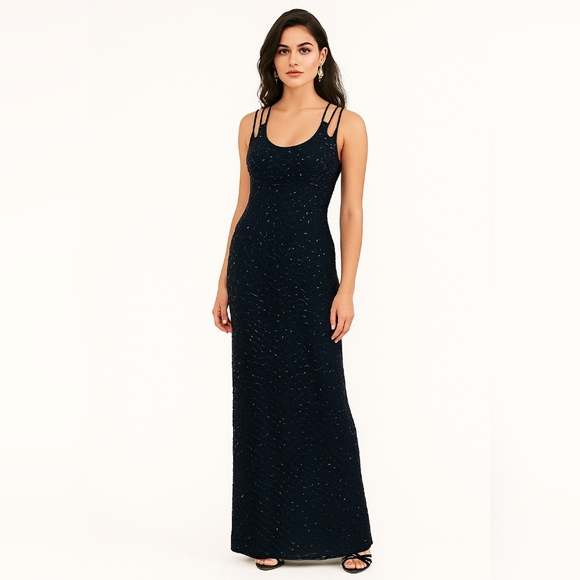 *rare* Scala Vintage Silk Sequin Formal Maxi Gown Dress Blue Spaghetti Sz Large - Picture 1 of 12